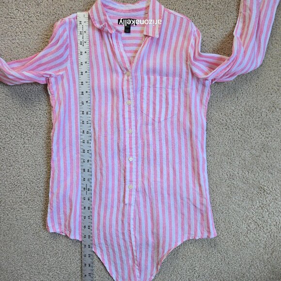 J. Crew Linen Button Down Shirt Pink + White Stripe Tie Waist  00 - Picture 8 of 10